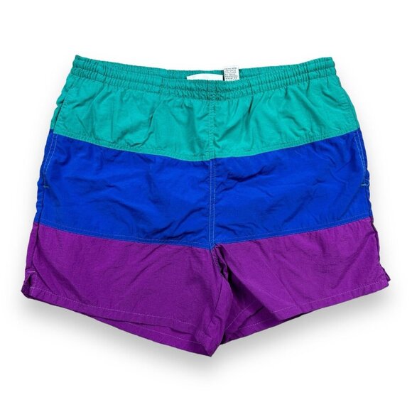 Vtg 90s Players By Van Heusen Sport Swim Trunks Green Blue Purple Colorblock M - Picture 1 of 7